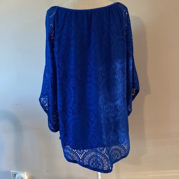 Tacera women’s crochet layer bell sleeve boho lace electric blue top, loose 1X - Picture 5 of 13